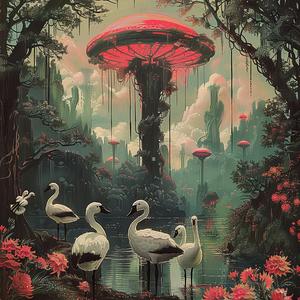 mushroom  swans  forest  painting  nature  colors  artwork  flora  whimsical  landscape 1057110