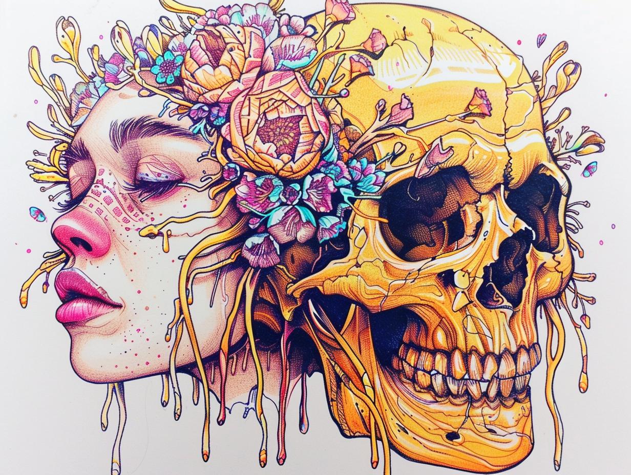 drawing  woman  skull  flowers  artistic  macabre  colorful  symbolic  feminine  gothic 940784
