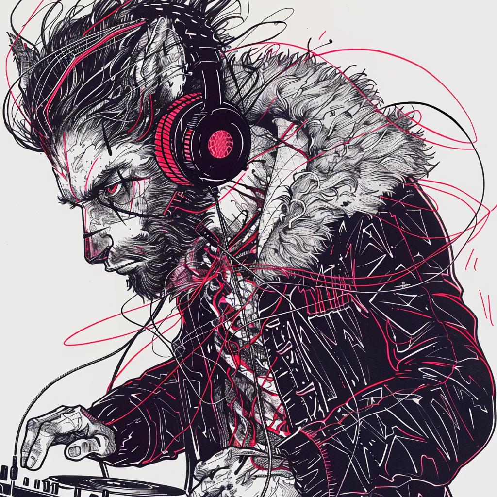 mythical  wolfman  DJ  turntable  headphones  drawing  music  console  urban  vibrant 951732