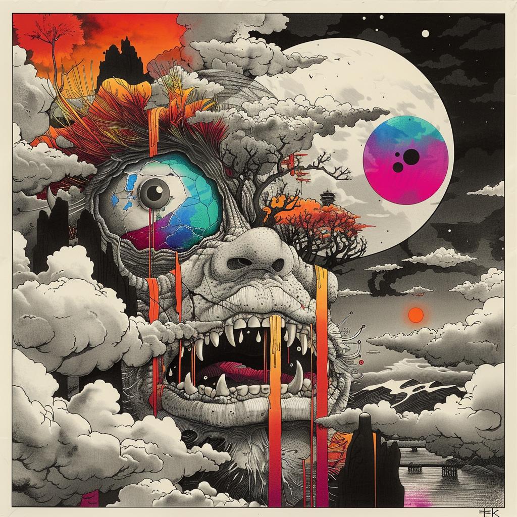 monster  moon  clouds  colorful  fantasy  Japanese  chromolithography  horror  artwork  illustration 1036142