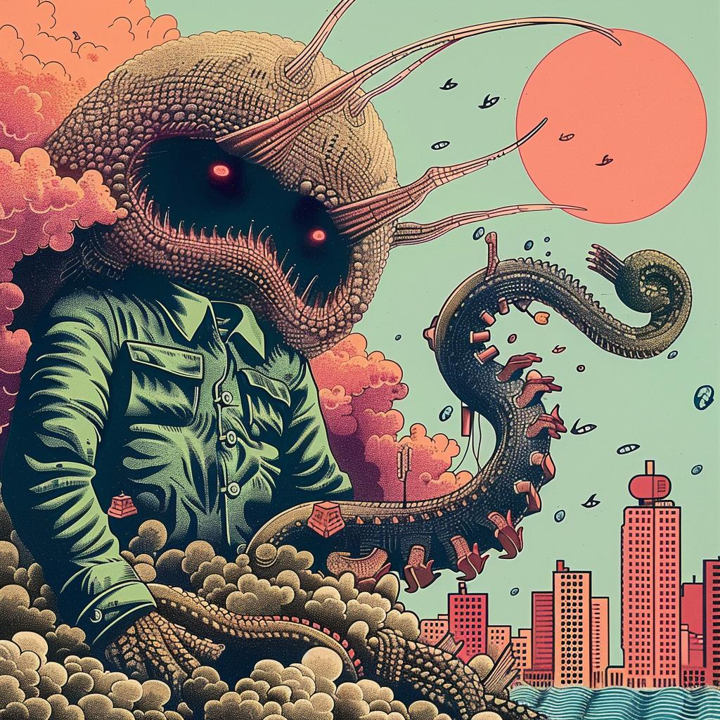 japanese  monster  city  poster  dark  imposing  landscape  creative  vibrant  art 946245