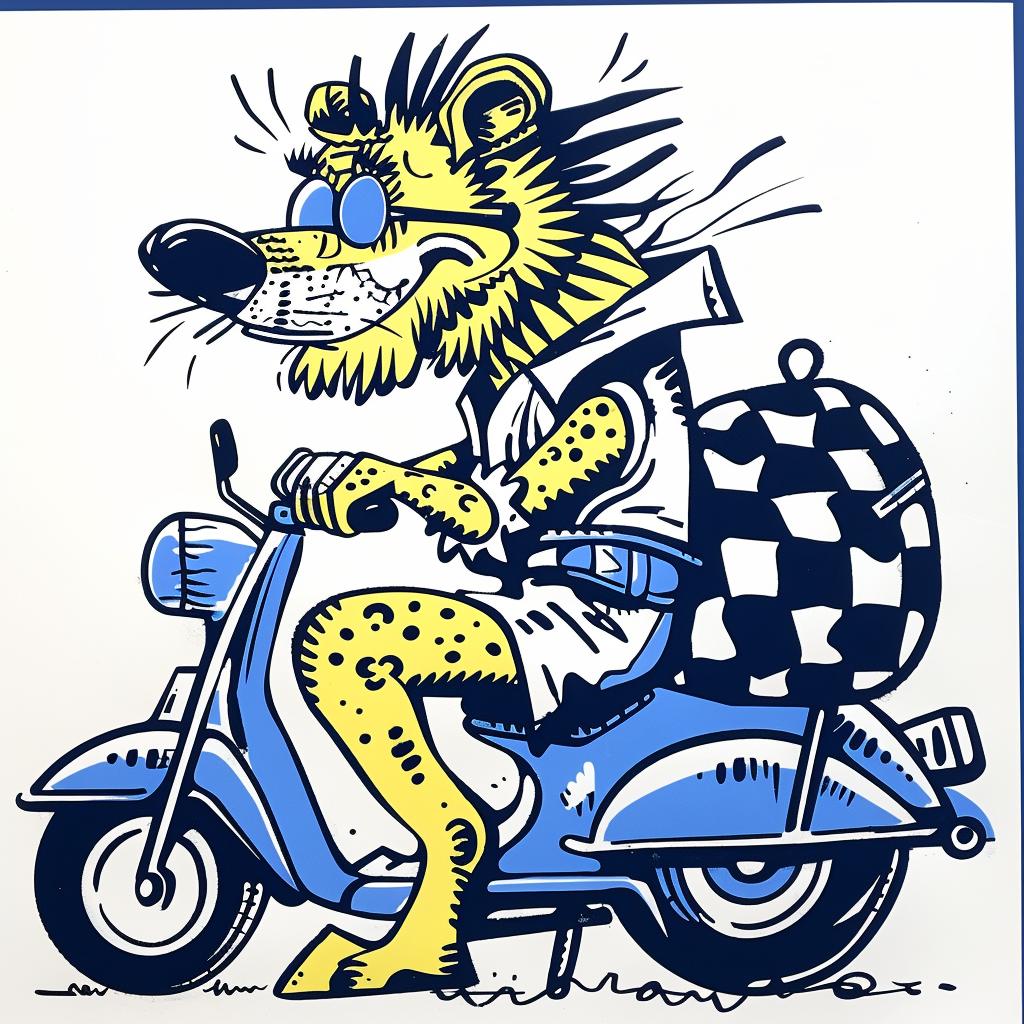 cartoon  lion  scooter  checkered  flag  funny  illustration  playful  animal  humor 1028268