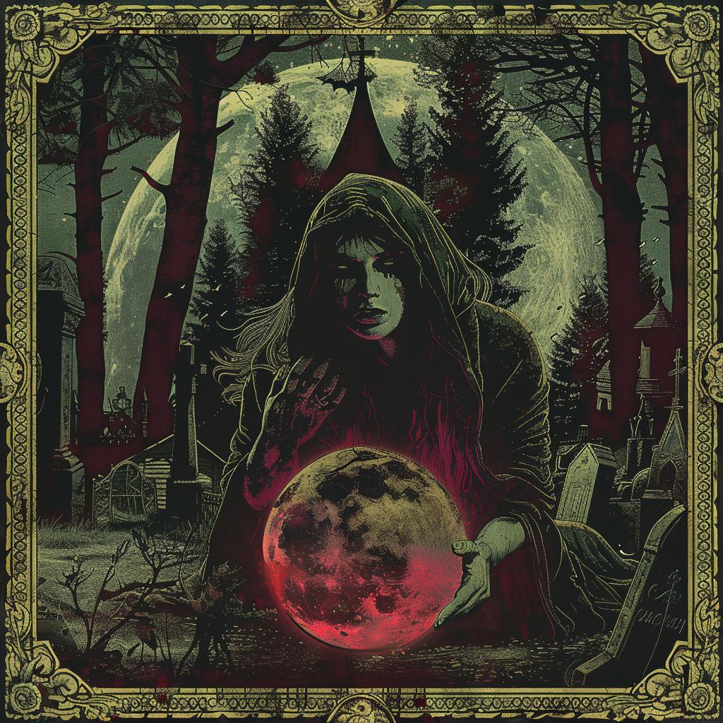 album  cover  woman  hood  crystal  forest  graveyard  moon  horror  realistic 1016481