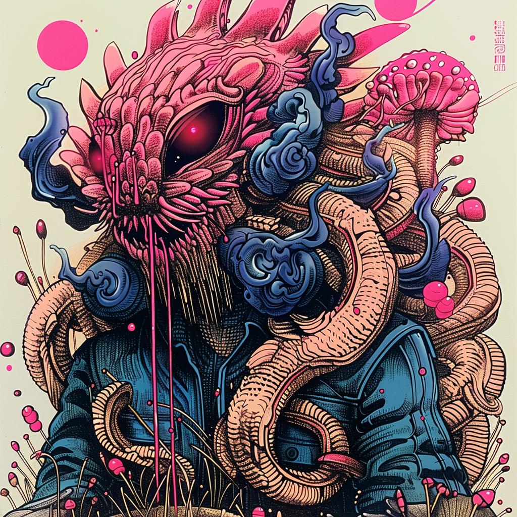 Japanese  monster  tentacles  pink  head  poster  art  illustration  horror  design 948301