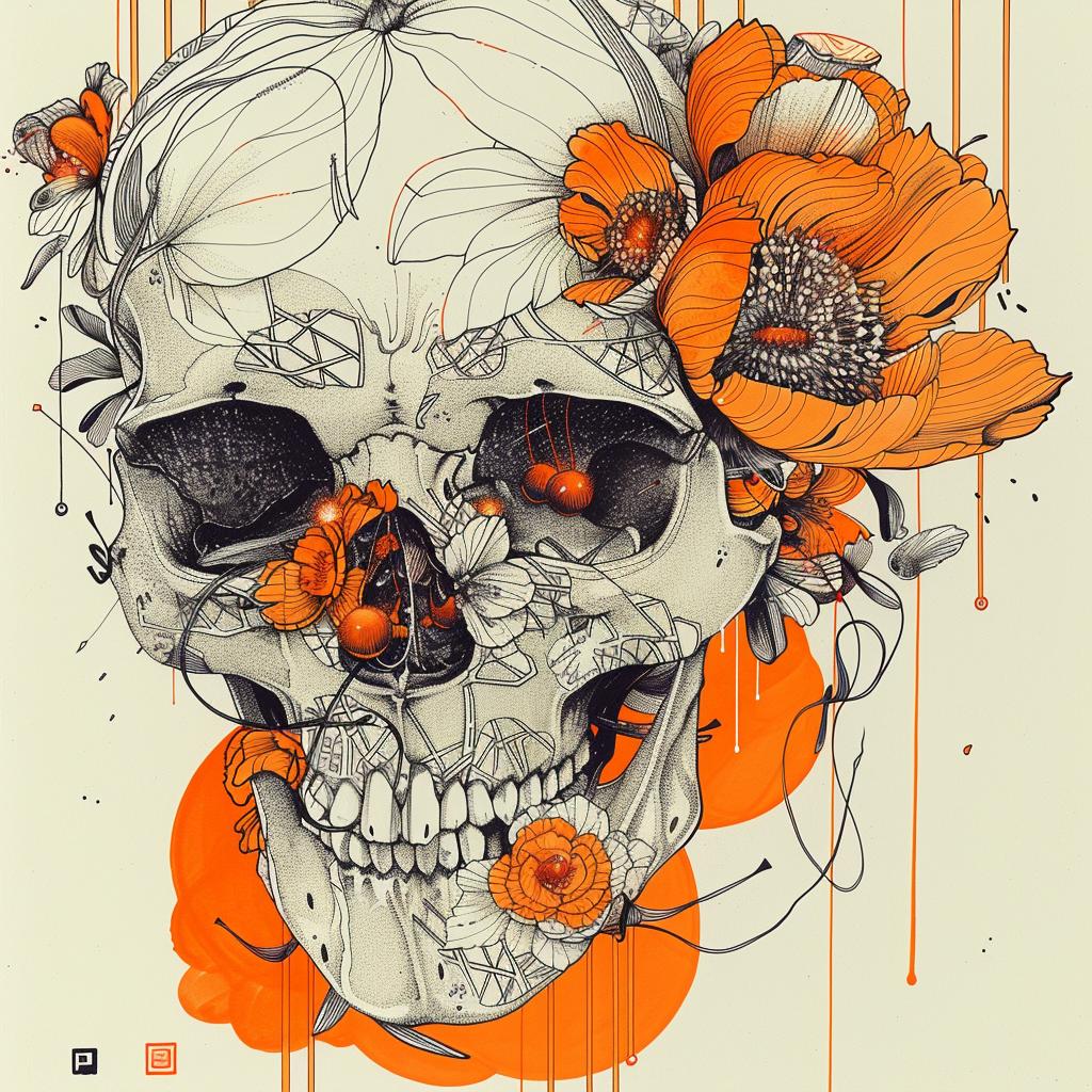 skull  flowers  orange  paint  dark  art  symbolic  surreal  floral  design 928042