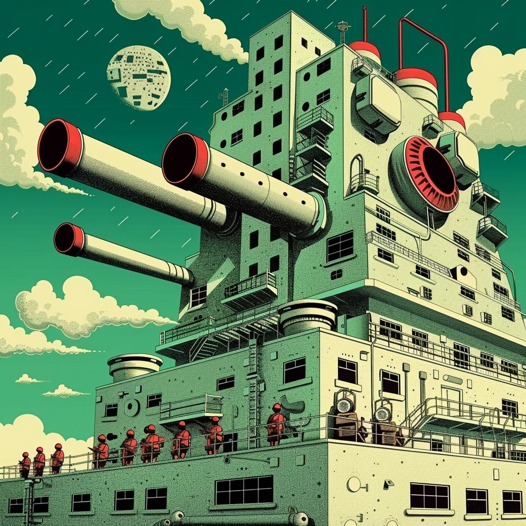 ship  military  guns  exterior  towers  cannons  factory  futuristic  industrial  silhouette 944707