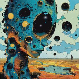 alien  head  bubbles  vintage  comic  art  pointillism  indigo  gold  teal 1076204