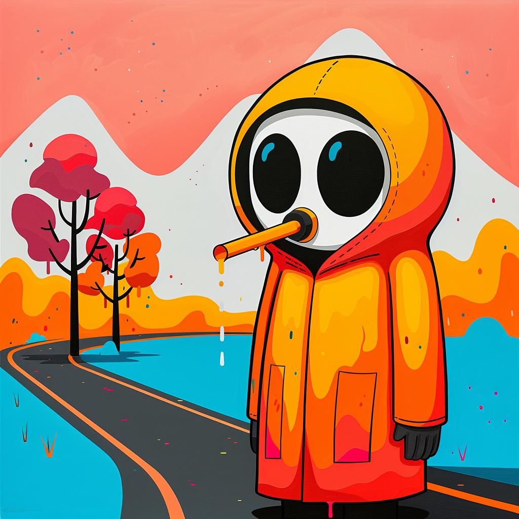 surreal  painting  orange  raincoat  cigarette  person  creative  Joan  Cornella  art 978084