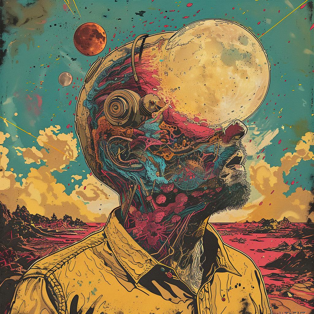 surreal  album  cover  hyper-realistic  screenprinting  Aryz  man  planets  stars  cosmic 960430