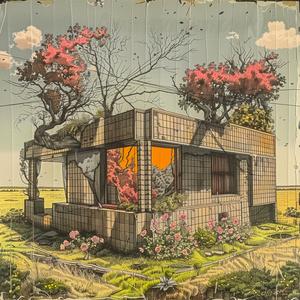 abandoned  Frank  Lloyd  Wright  shack  black  white  technicolor  flowers  painting 1036581