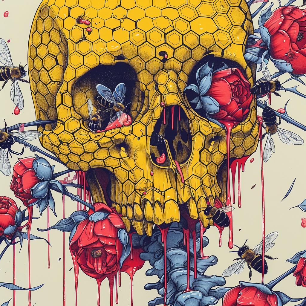 skull  bees  flowers  vibrant  animation  hive  nature  colorful  decrepit  illustration 944725