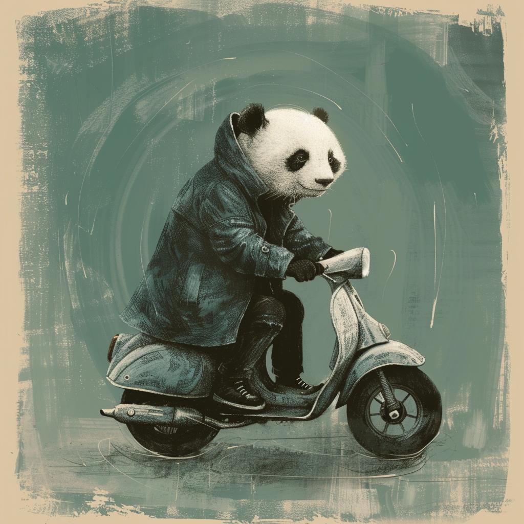 panda  motorcycle  cartoon  animal  transport  green  background  funny  illustration  whimsical 1021675