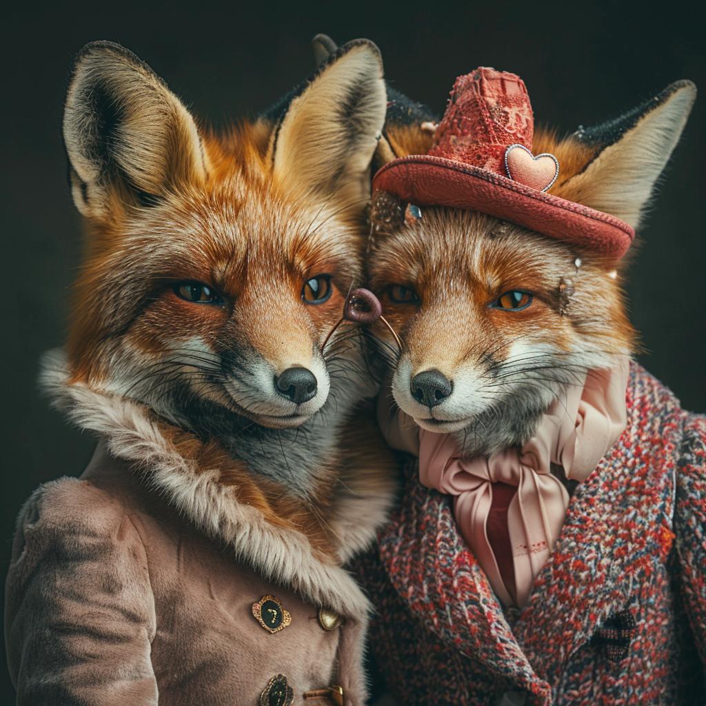 portrait  anthropomorphic  animals  Valentine  Wes  Anderson  style  love  whimsical  creative 1029211