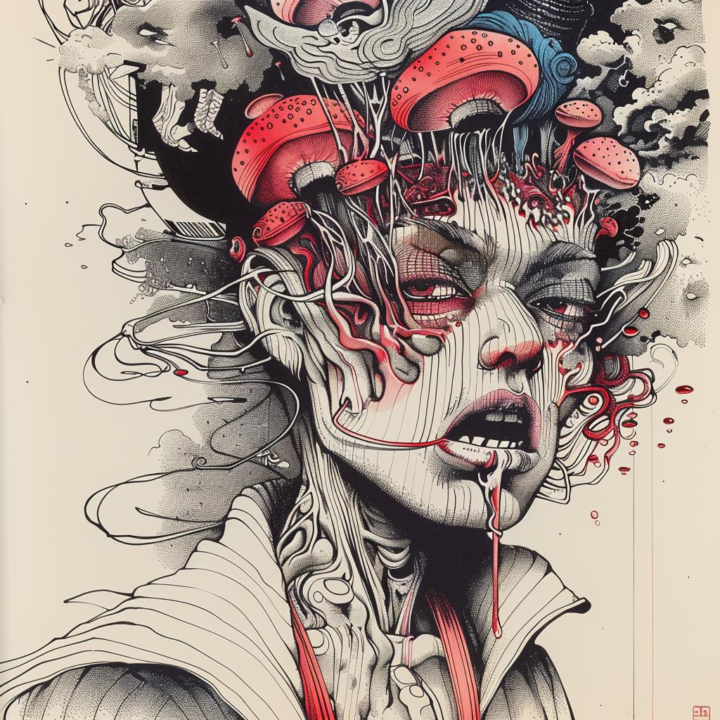 امرأة ترسم فطرًا، طبيعة خيالية، رسم توضيحي ملون، فن سريالي 947305