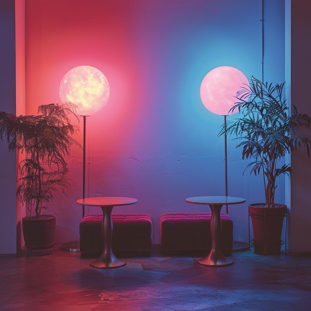 tables  chairs  moon  pink  blue  surreal  lighting  glow  volumetric  photography 1030729