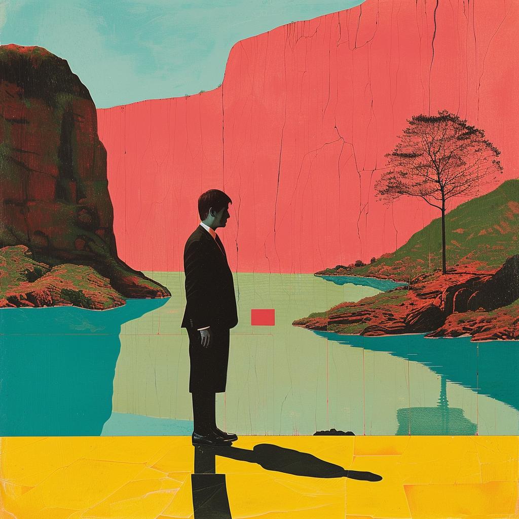 man  suit  river  platform  surreal  art  creative  Cornella  landscape  view 976997