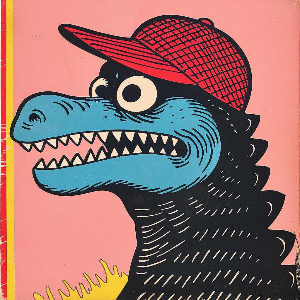 Godzilla  baseball  cap  comic  vibrant  portrait  Kirby  1950s  illustration  art 921609