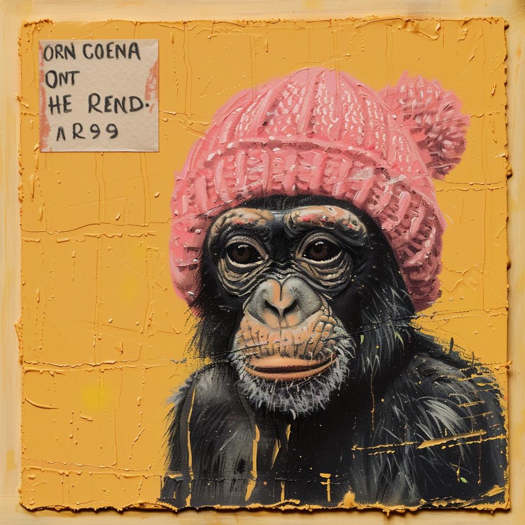 chimpanzee  hat  encaustic  impasto  colorful  playful  portrait  animal  whimsy  figurative 1015921