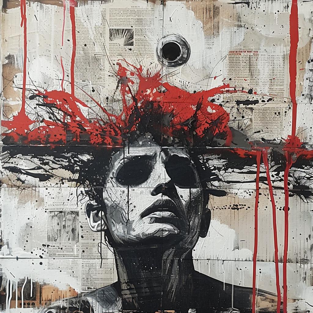 surreal  album  cover  hyper-realistic  screenprinting  WRDSMTH  encaustic  man  red  eye 960026