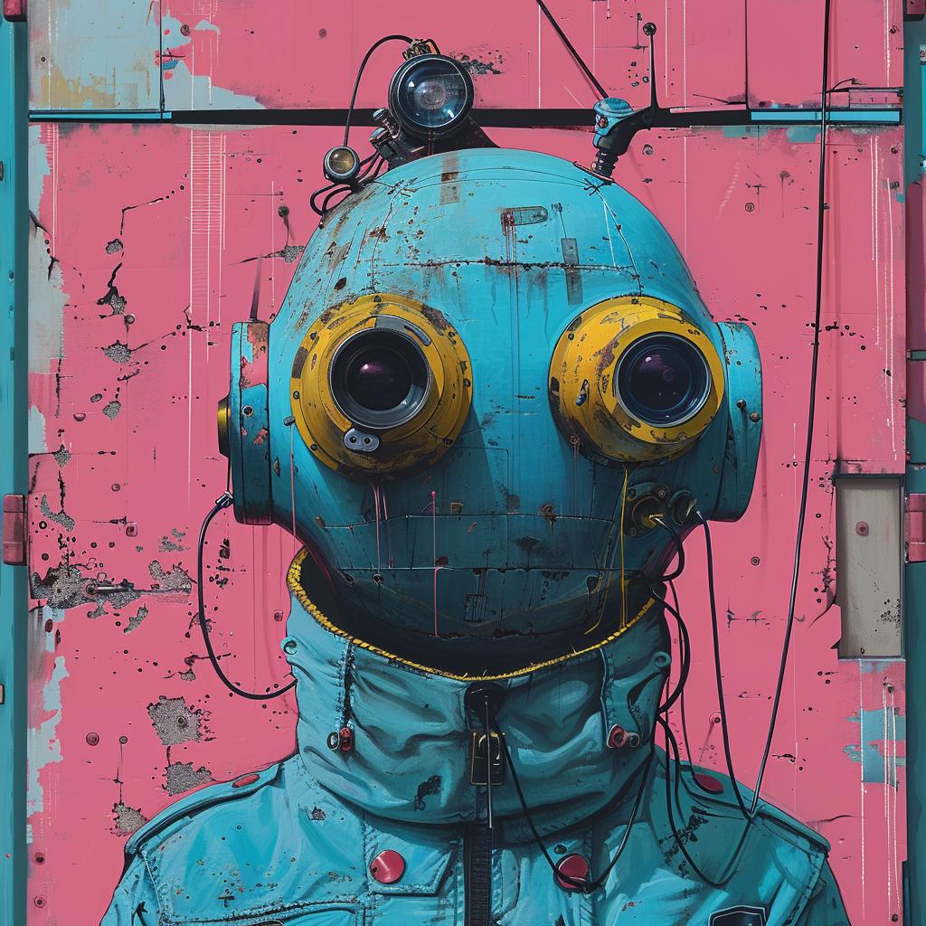surreal  album  cover  hyper-realistic  screenprinting  robot  goggles  colorful  Os  Gemeos 960258