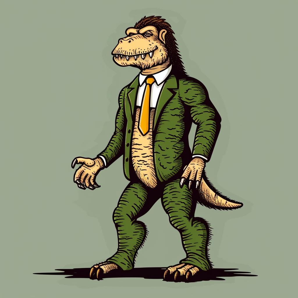 dinosaur  suit  tie  cartoon  humor  whimsical  fictional  character  illustration  playful 939802