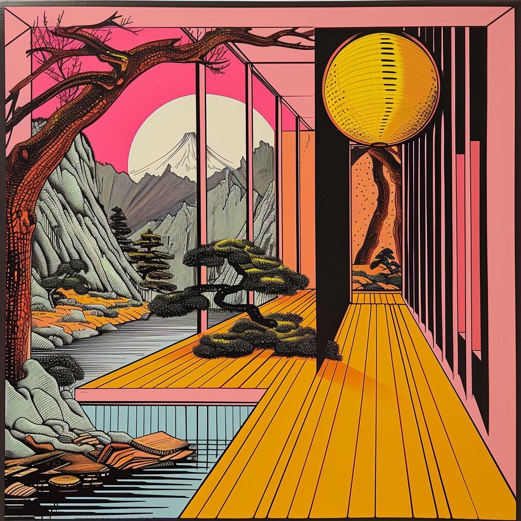 horror  novels  painting  deck  tree  mountain  background  Japanese  minimalism  art 1020623