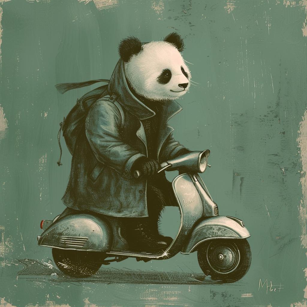 panda  trenchcoat  moped  vintage  humor  character  cartoon  animal  whimsical  transport 1021694