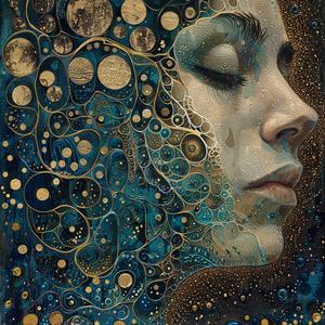 woman  goldBubbles  blueBubbles  ArtNouveau  Surrealism  pointillism  gold  indigo  teal  dark 1077194