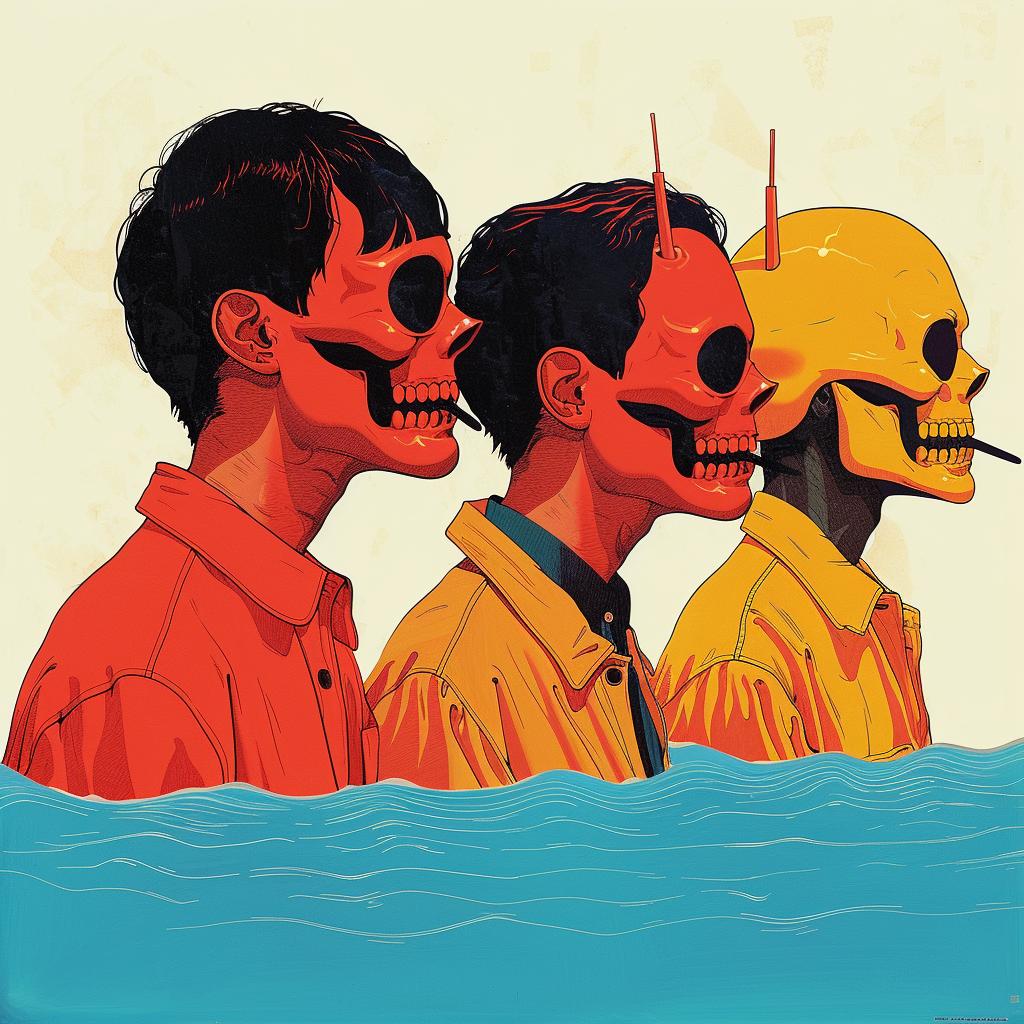 surreal  three  men  skulls  yellow  shirts  album  cover  Cornella  art 1018878