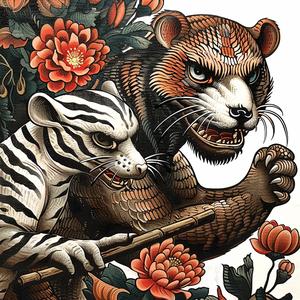 tiger  bear  painting  flowers  chromolithography  wildlife  nature  art  colorful  scene 1048709