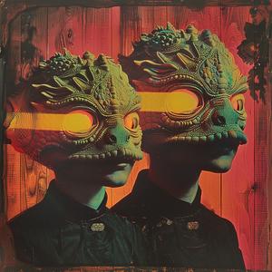 chromolithography  masks  glowing eyes  mystical  fantasy  surreal  enigmatic  vibrant  colorful  intriguing 1040109