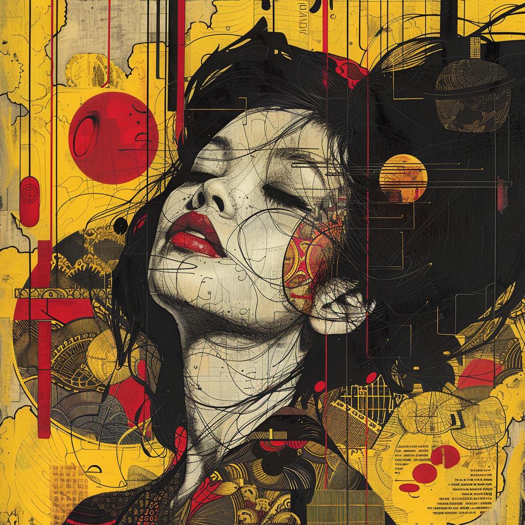 Asian  woman  popart  graphic  imagery  multi-panel  dark  yellow  red  graphics 1019890