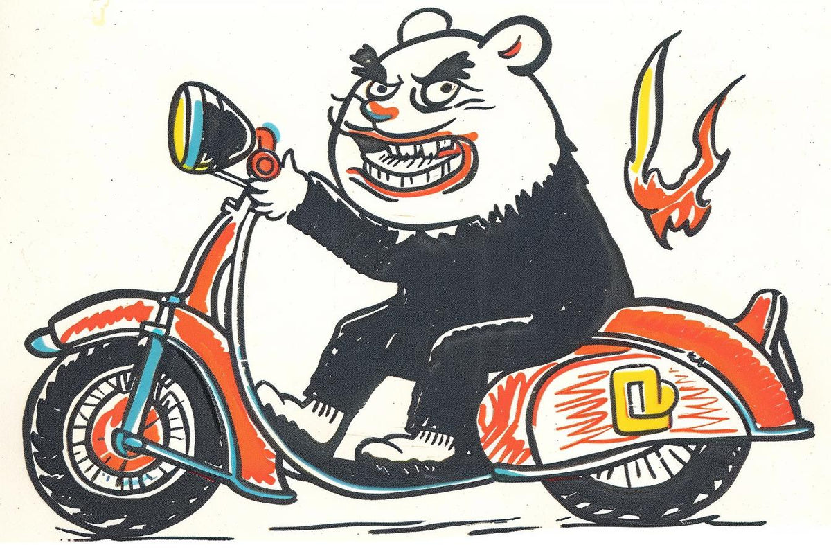 panda  motorcycle  cartoon  funny  animal  transport  whimsical  playful  colorful  adventure 938733