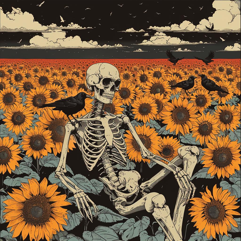 skeleton  sunflowers  field  crows  surreal  artwork  hyper-realistic  Toshio  Saeki  creative 960901