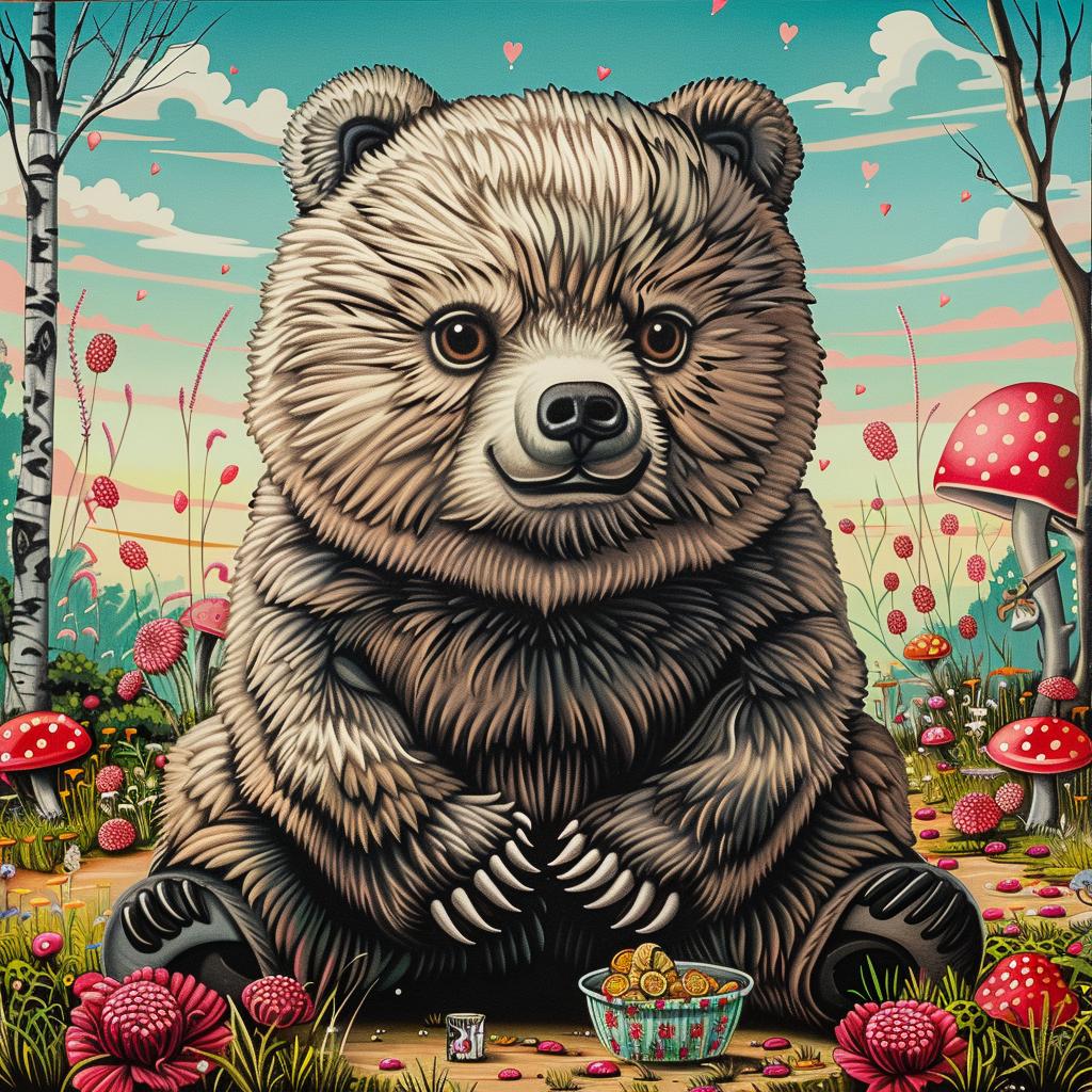grizzly  bear  cute  adorable  woods  mushrooms  nature  playful  painting  whimsical 1032564