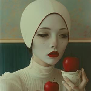 surreal  album  cover  Risograph  Symbolist  woman  apple  cup  modern  art 1077787