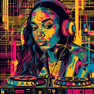 surreal  album  cover  DJ  woman  headphones  turntable  colorful  background  Marcel 1079643