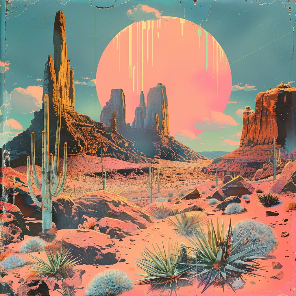 album  cover  1980s  desert  cactus  sun  landscape  vibrant  synthwave  trippy 960629