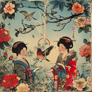 women  oriental  clothing  birds  flowers  chromolithography  art  culture  vibrant  colorful 1047391