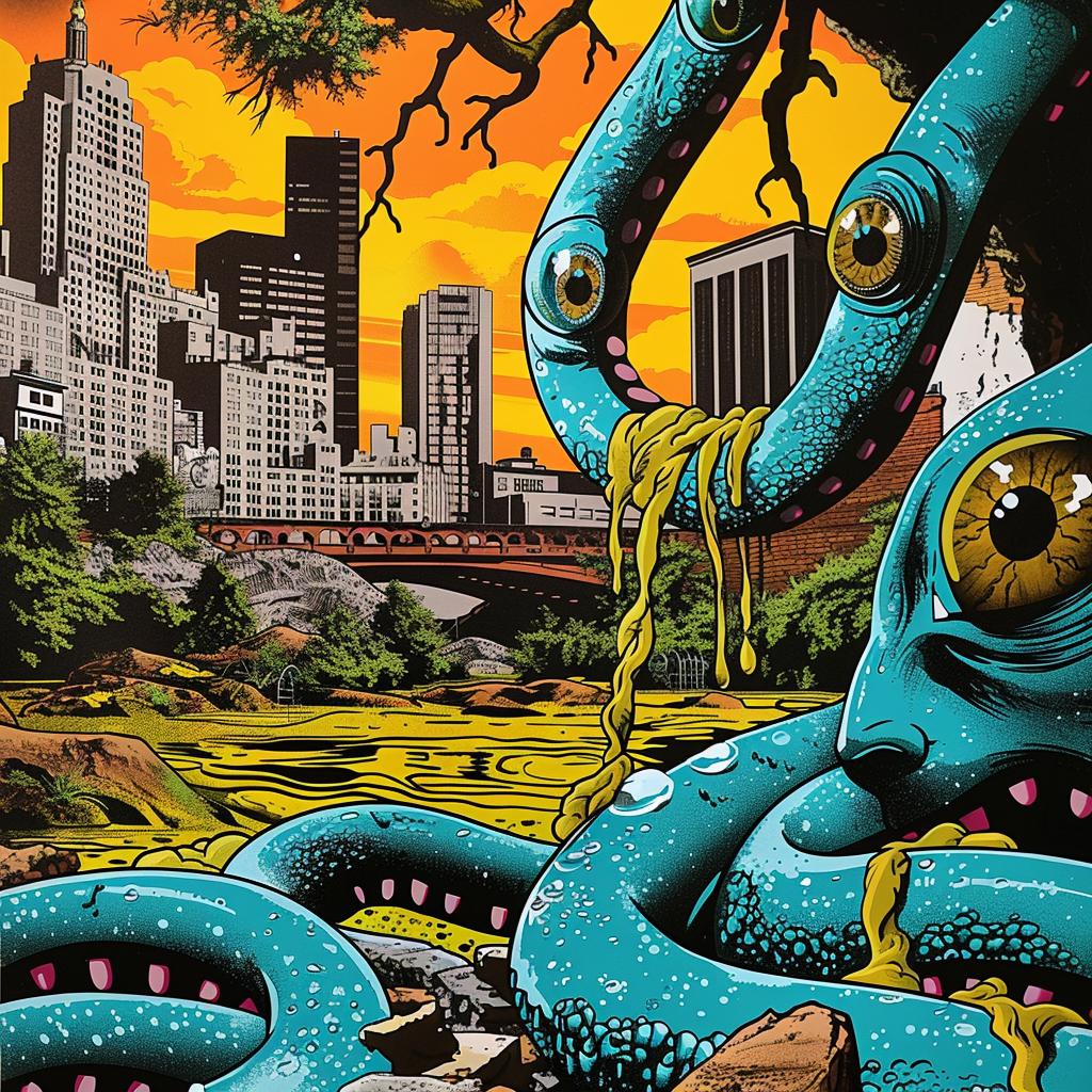 octopus  city  surreal  albumcover  symbolist  hyperrealism  screenprinting  ToddWhite  TimBiskup  Risograph 1027259