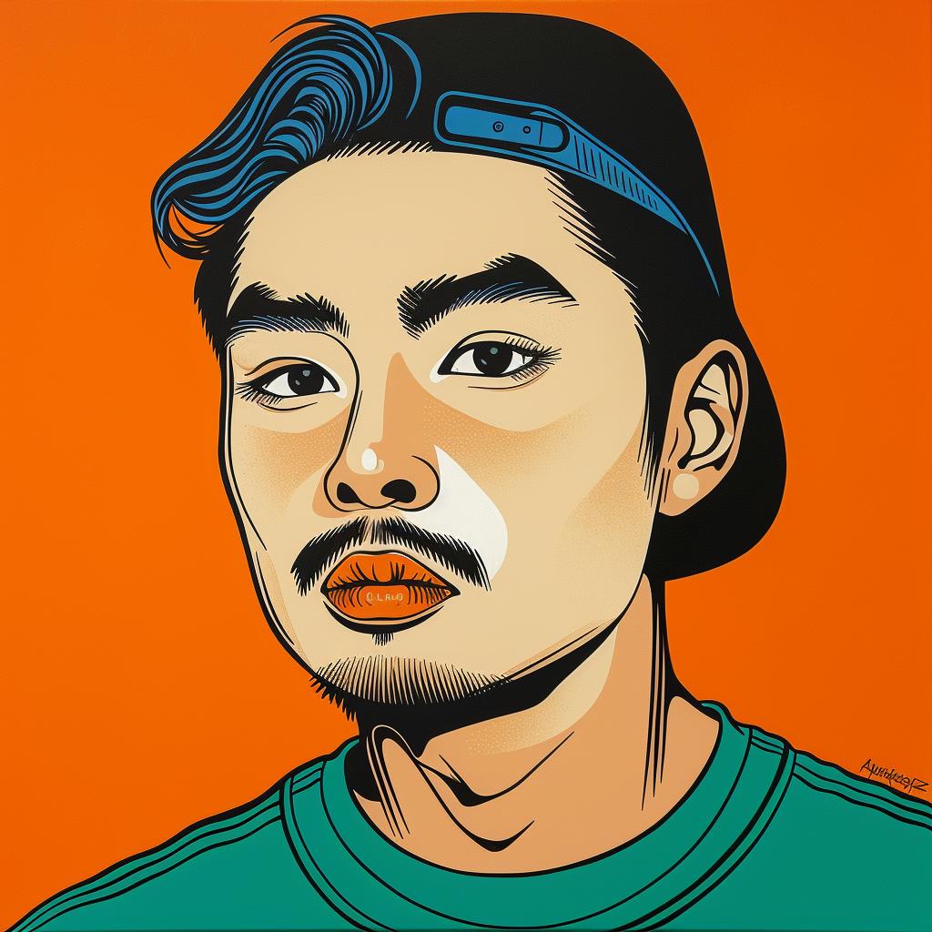 man  painting  asian-american  hat  orange background  portrait  casual  colorful  expression  modern 1023770