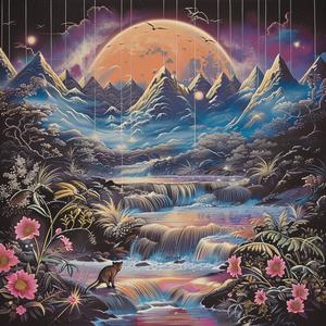 painting  stream  flowers  moon  mountain  chromolithography  nature  scenery  night  landscape 1047597