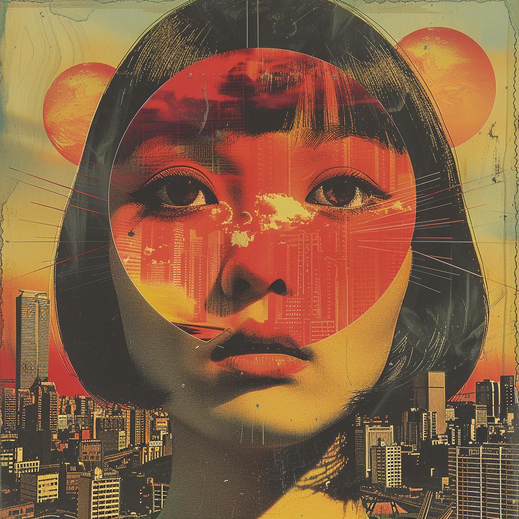 surreal  album  cover  hyper-realistic  screenprinting  Tadanori  Yokoo  woman  city  skyline 960437