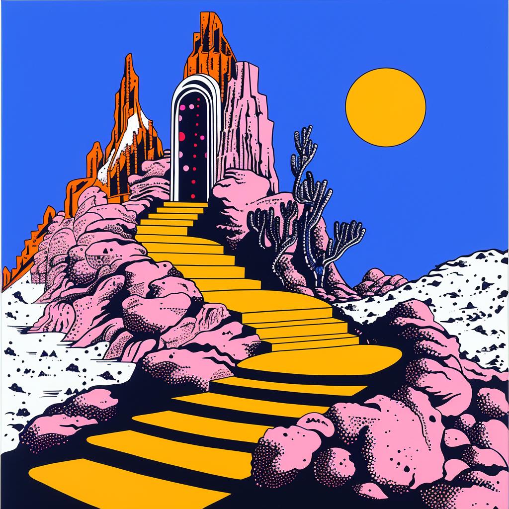 album  art  yellow  door  stairs  mountain  landscape  surreal  poster  graphic 1021527