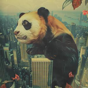 panda  building  leaves  chromolithography  illustration  nature  urban  whimsical  playful  art 1057043