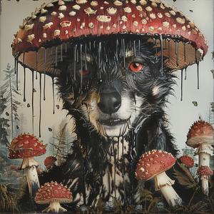 chromolithography  dog  mushrooms  whimsical  portrait  colorful  nature  art  animal  fun 1057400