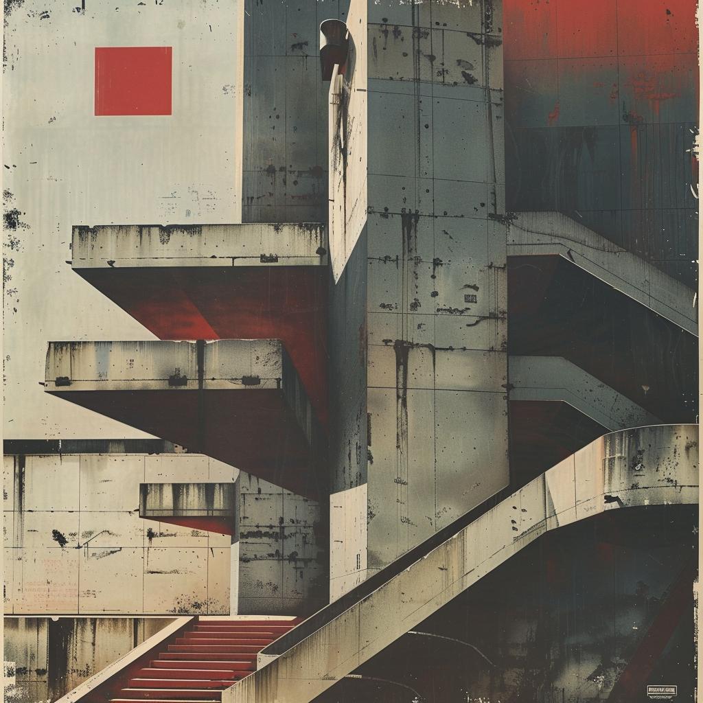 industrial  poster  stairs  red  square  flat  graphics  brutalist  style  1970s 922518