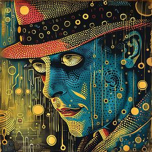 man  hat  image  comic  ArtNouveau  Surrealism  pointillism  gold  teal  indigo 1076060