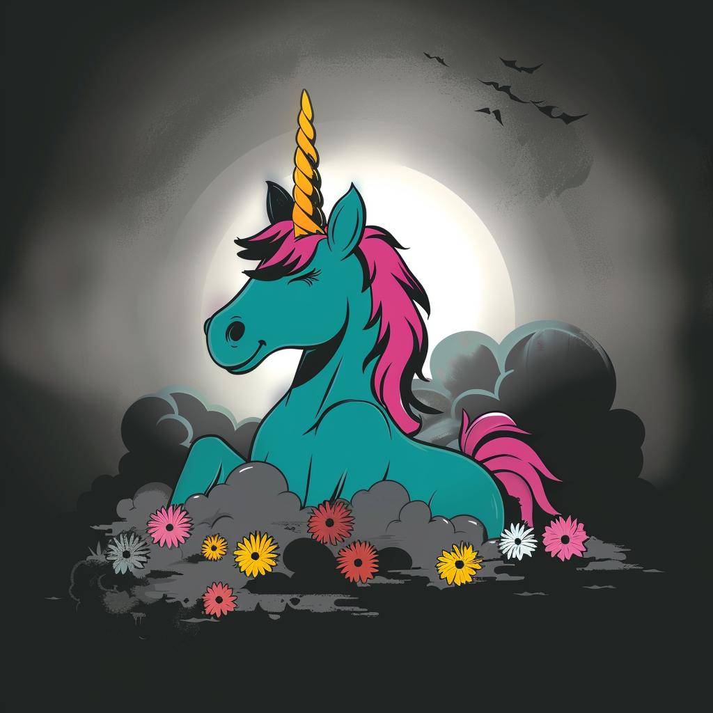 unicorn  pink  mane  blue  eyes  flowers  sitting  whimsical  forest  art 1021427