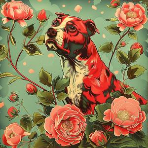 chromolithography  dog  garden  roses  painting  canine  nature  floral  vibrant  scene 1052394
